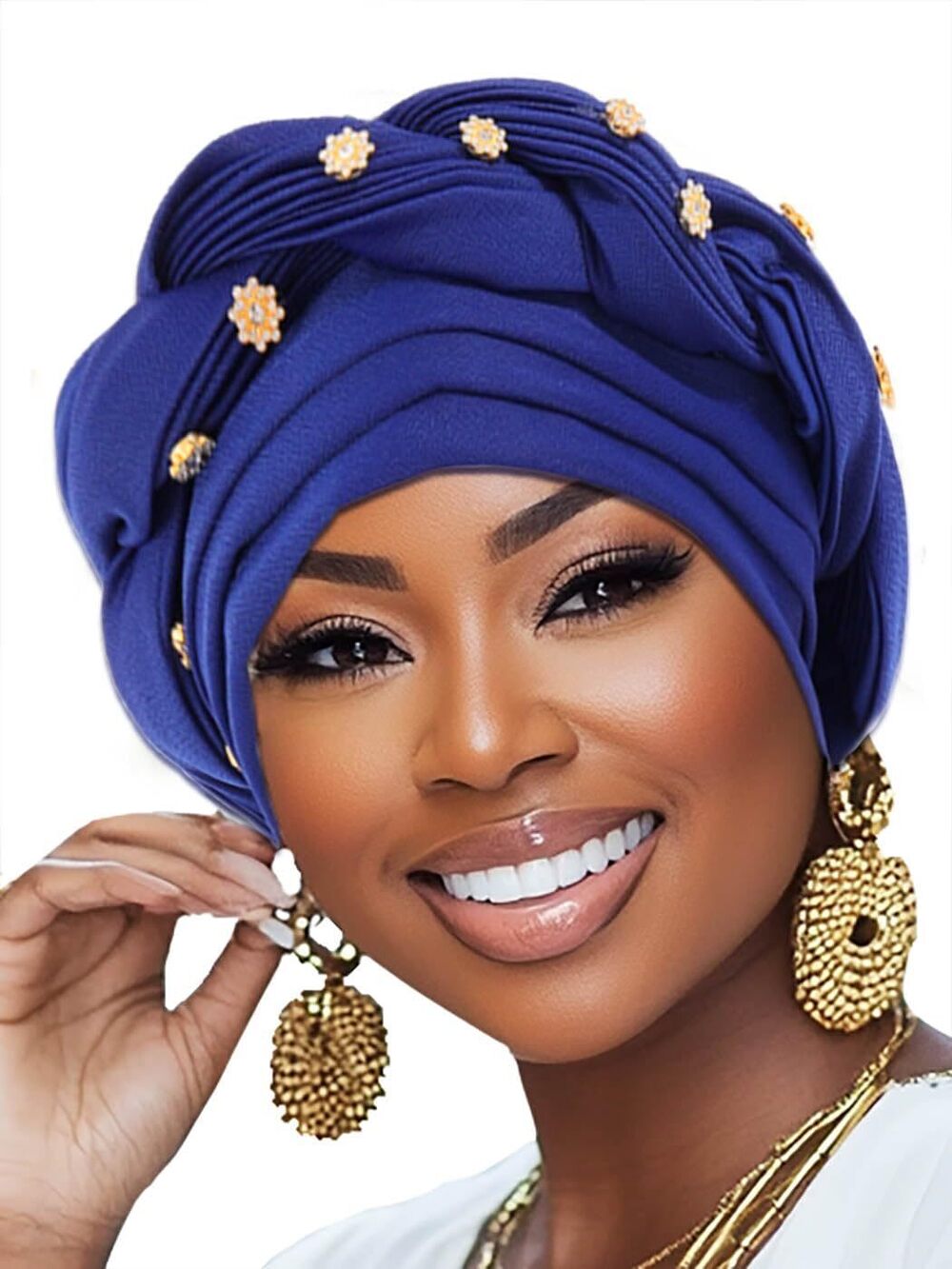 1090 African Turban Pre-Tied Twisted Headwrap Rhinestone Soft Stretchy Head
